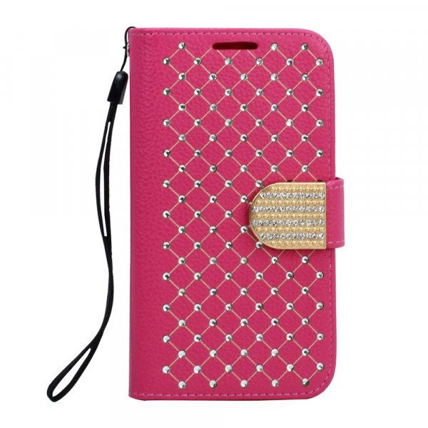 Wholesale Samsung Galaxy S6 Star Diamond Flip Leather Wallet Case with Strap (Hot Pink)